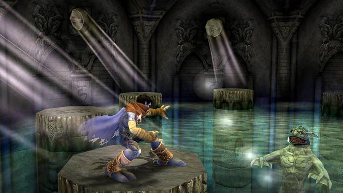 A scene from the remastered Soul Reaver, showing Raziel fighting a water-dwelling boss from the safety of platforms in a sunken chamber with light pouring through windows