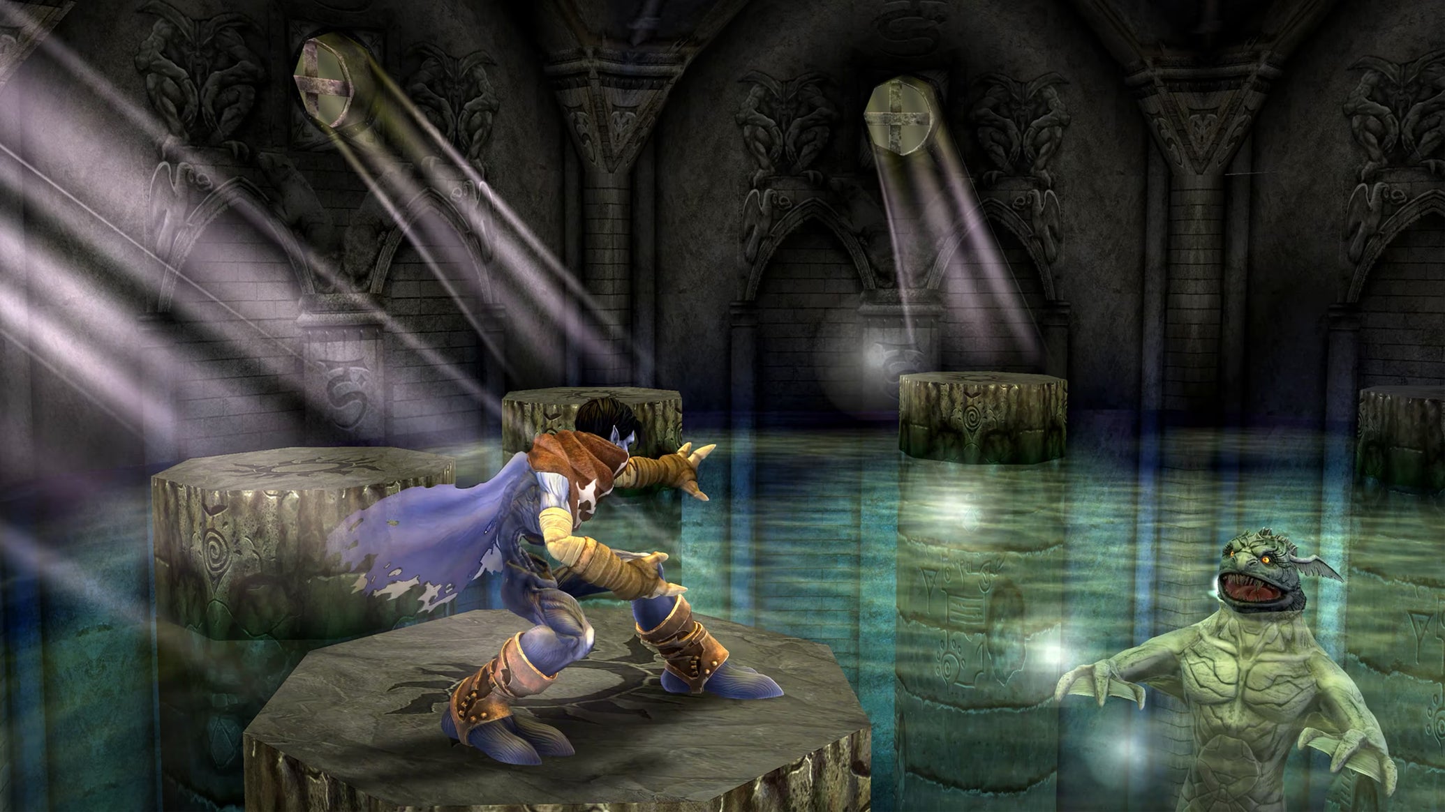 A scene from the remastered Soul Reaver, showing Raziel fighting a water-dwelling boss from the safety of platforms in a sunken chamber with light pouring through windows - 1