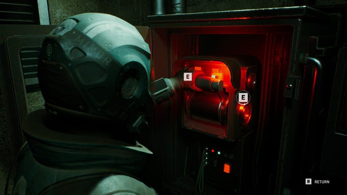 The player interacting with a door mechanism in space sim Fort Solis, showing button prompts that must be pressed on time to start the machinery.