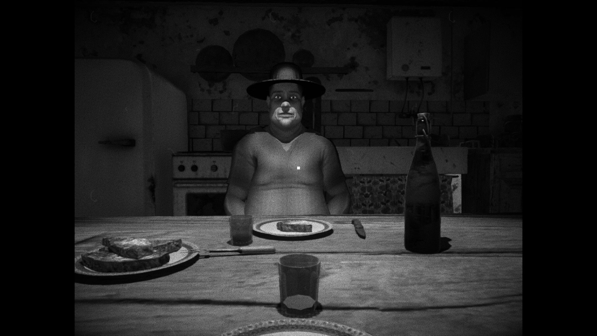 The Farmer from the videogame Horses, a large man in a hat sitting in shadow at the dining table, looking at you. - 5