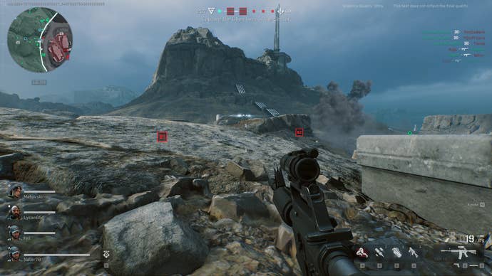 A screenshot of Delta Force: Hawk Ops, showing the player on a beach looking up at a radar installation on a mountaintop.