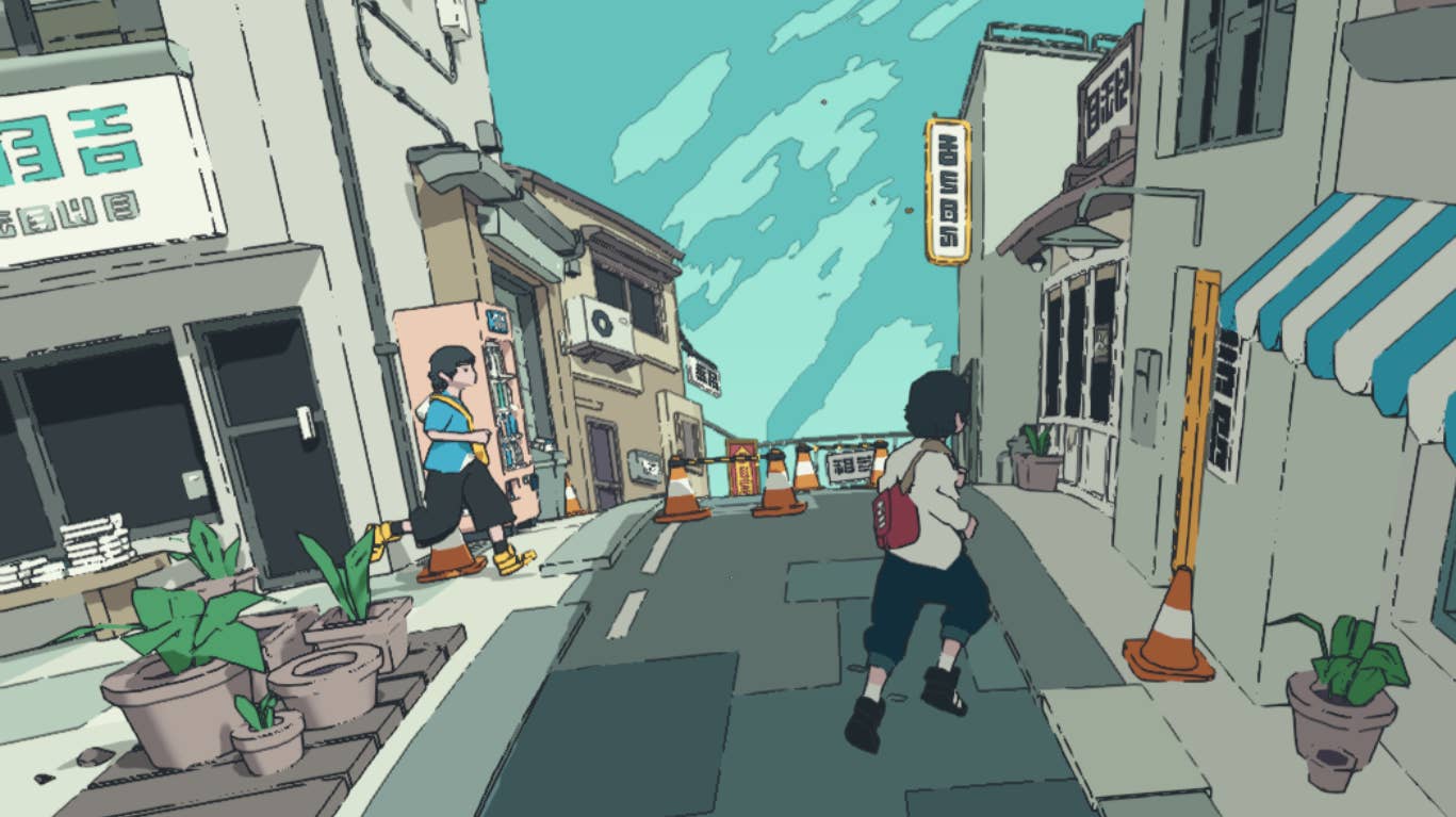 A screenshot from free browser exploration game Messenger, showing a pleasant city street on a very small planet that looks like a watercolour drawing.
