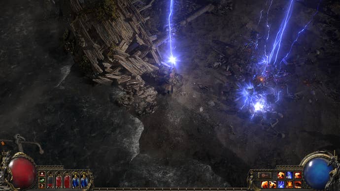 A Path of Exile 2 screenshot with lightning bolts striking the earth around a wizard character in a dark environment.
