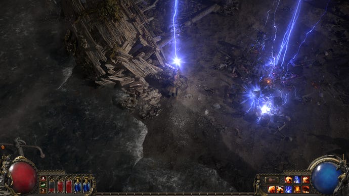 A Path of Exile 2 screenshot with lightning bolts striking the earth around a wizard character in a dark environment.
