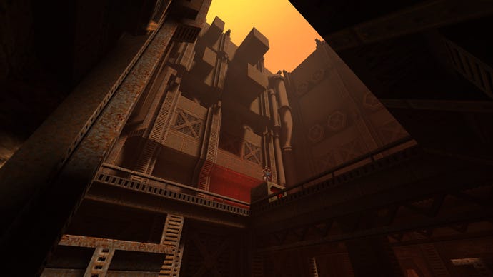 A cliffside structure in the Quake 2 remaster