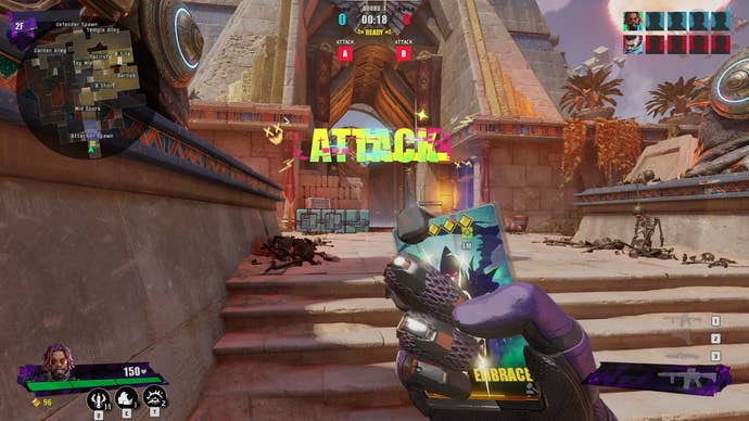 FragPunk screenshot showing player character in first person holding a card as they prepare to attack