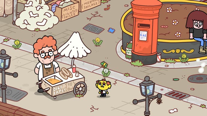 Thank Goodness You're Here! screenshot showing you talking to a man with a hot dog stand by a red post box