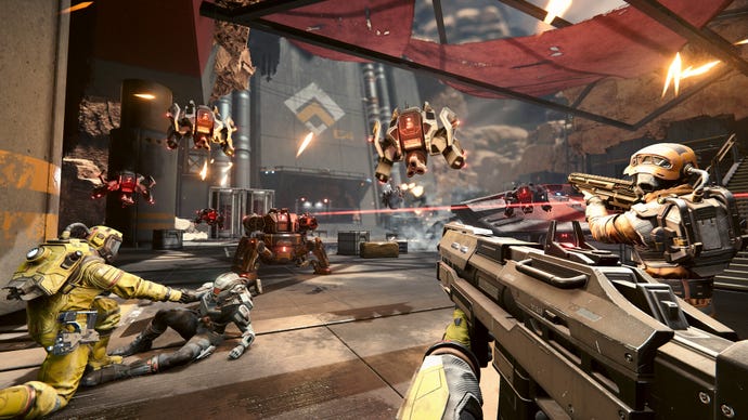 A scene of first-person shooting in Jump Ship, with flying robot enemies