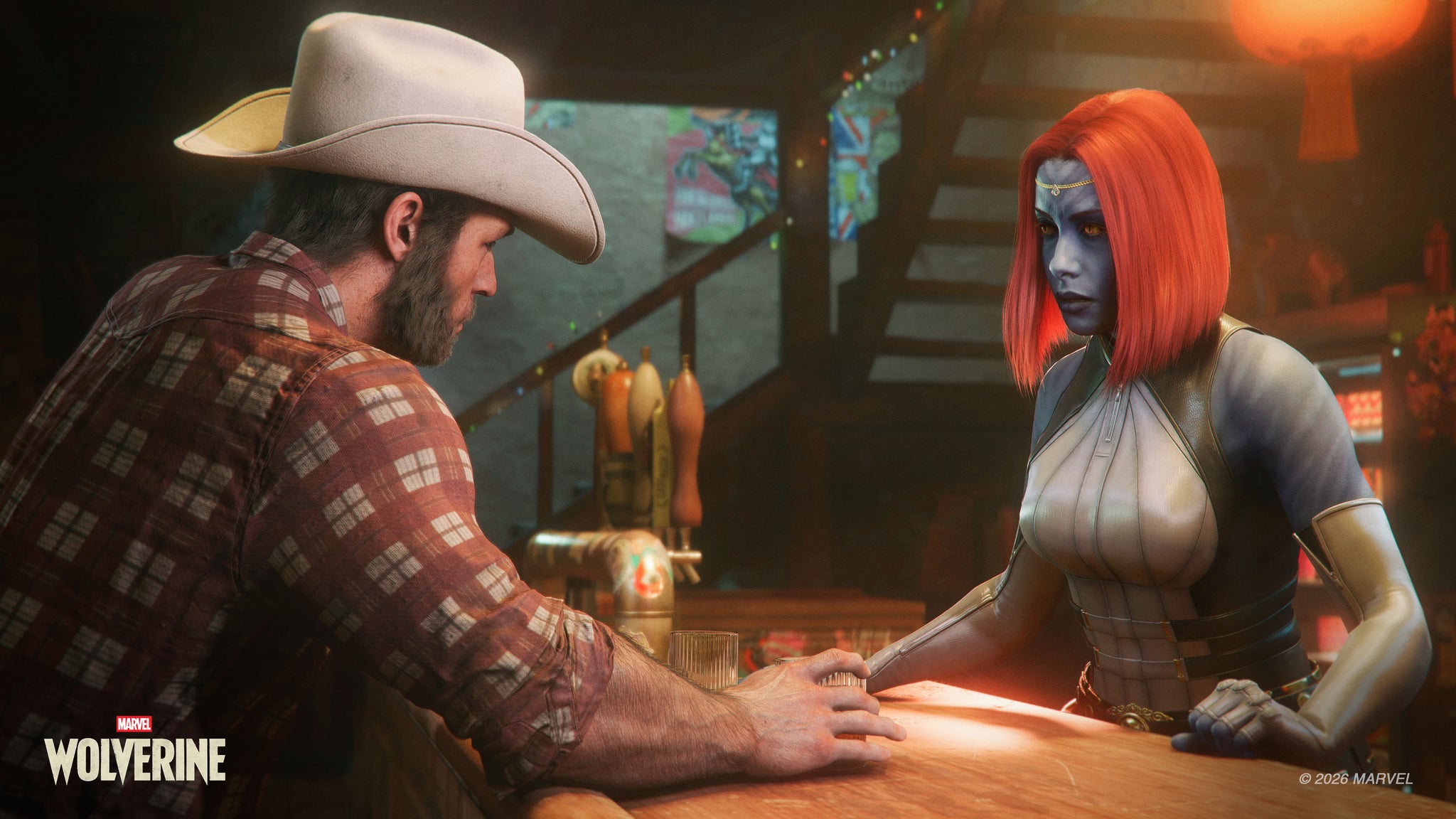 Wearing a white cowboy hat and check shirt, Wolverine leans over the bar while holding a glass of whisky, and talks to the blue-skinned, red-haired mutant Mystique.