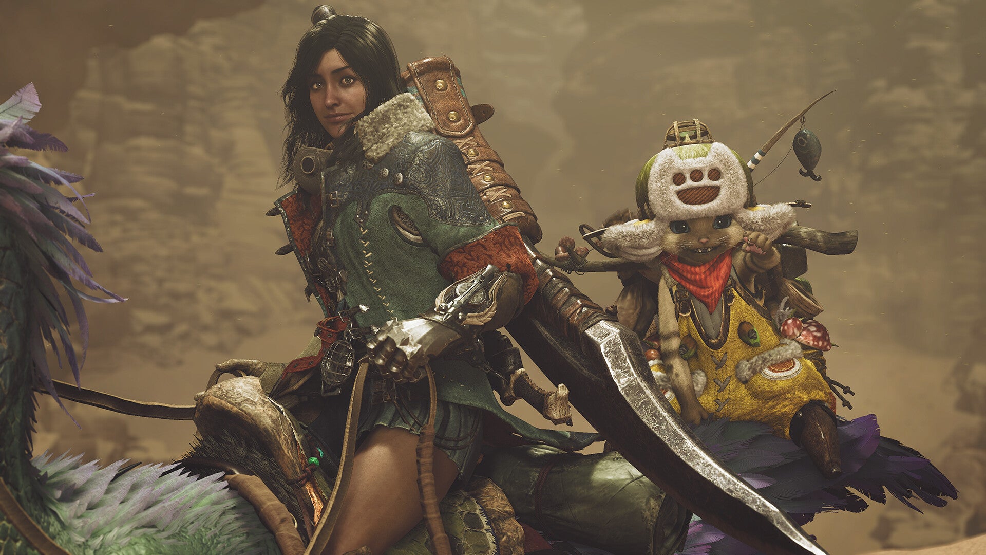 A lady with a big sword and an overdressed cat sitting on a monster in Monster Hunter Wilds - 15