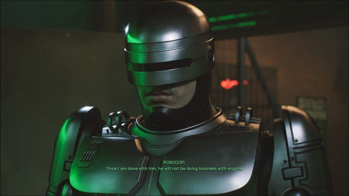 A screenshot of RoboCop: Rogue City, showing RoboCop’s upper body at a 45-degree angle.