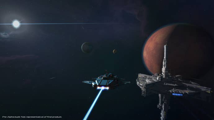 A ship flying past a space station towards a red planet in SpaceCraft