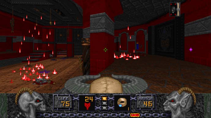 A screenshot of Heretic: Faith Renewed, showing the player fighting with the Hellstaff inside the red-walled corridors of the Crimson Palace.