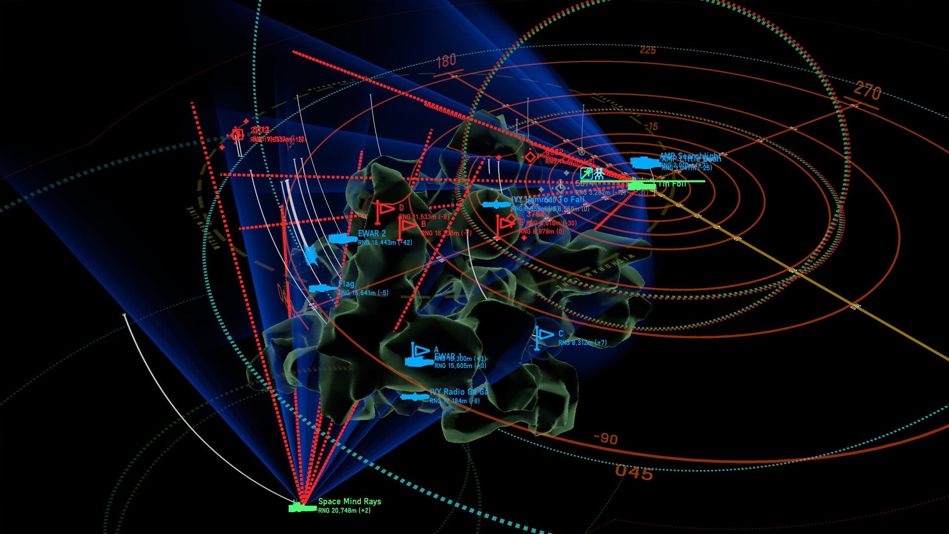 A tactical holographic view of ships fighting inside an asteroid field from Nebulous Fleet Commad, with vessels represented as icons and spherical distance measurements - 7