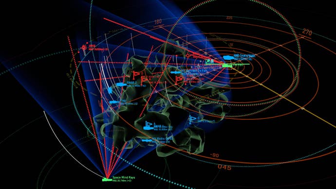 A tactical holographic presumption of ships warring wrong an asteroid tract from Nebulous Fleet Commad, with vessels represented arsenic icons and spherical region measurements
