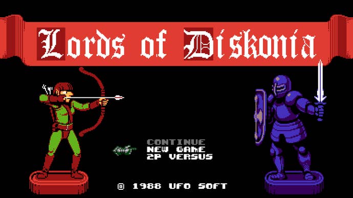 The title for Lords of Diskonia in UFO 50 showing an archer and a knight.