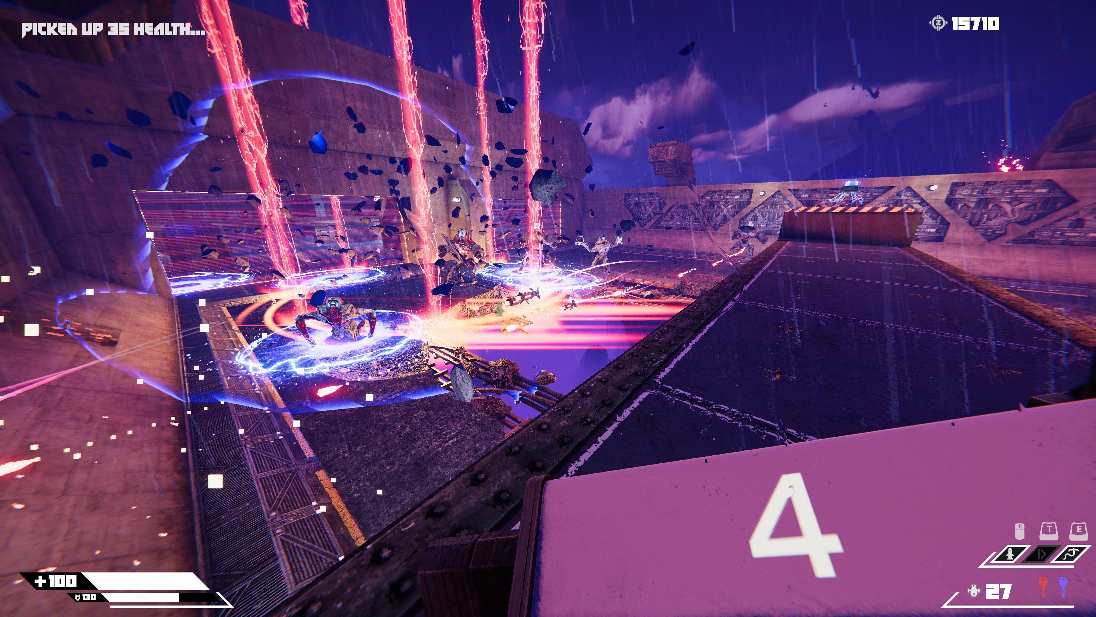 A screenshot of Turbo Overkill, showing several enemies about to be struck by a laser satellite from orbit.