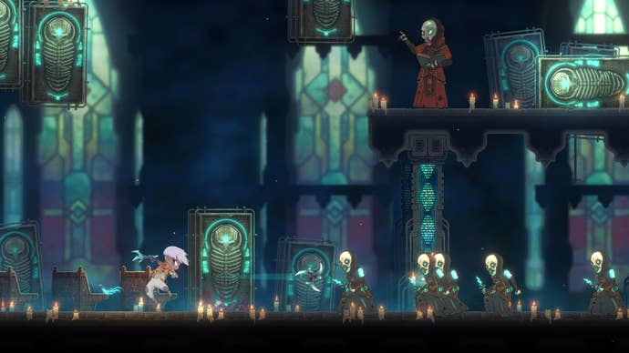 The player charging at a horde of robotic-looking enemies in Echo Weaver against a background of stained glass windows