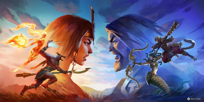 Smite artwork shows the faces and heroes of gods facing off against each other.