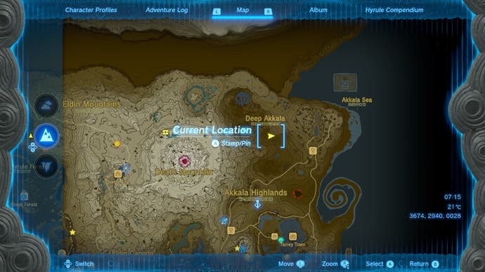 Map showing the location of the Lynel in North Akkala Valley in The Legend of Zelda: Tears of the Kingdom.