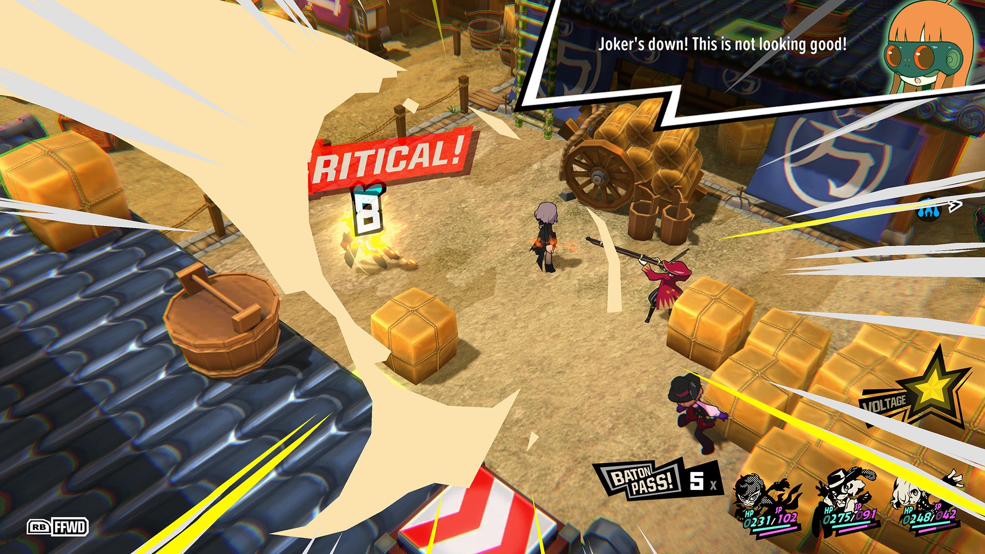 An isometric-angled battle view in Persona 5 Tactica, which gives us a much clearer view of where characters are positioned in a rather narrow battlefield filled with large wooden boxes. Someone has just scored a critical hit, and there&rsquo;s a lot of comic book energy being given to it - exclamation marks and overlayed flicked lines and splashes of colour.