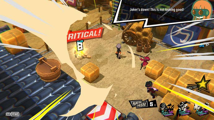 An isometric-angled battle view in Persona 5 Tactica, which gives us a much clearer view of where characters are positioned in a rather narrow battlefield filled with large wooden boxes. Someone has just scored a critical hit, and there’s a lot of comic book energy being given to it - exclamation marks and overlayed flicked lines and splashes of colour.