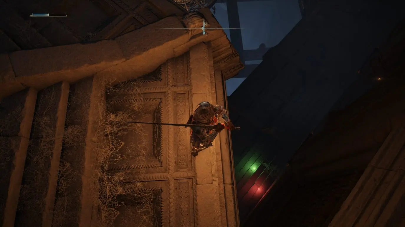 A warrior stands on the edge of ledge overlooking two stones, one red and one green, in Elden Ring.