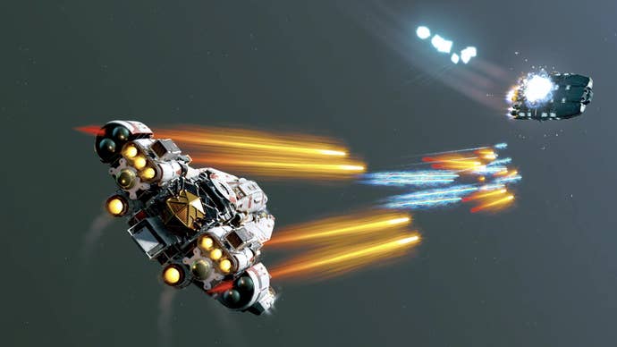 Some ships dogfighting in Starfield.