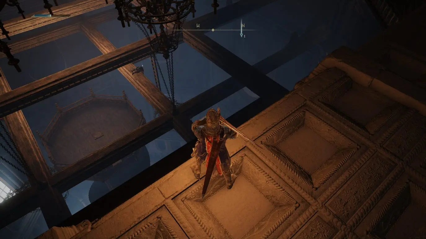 A warrior approaches a series of wooden roof beams in Elden Ring.