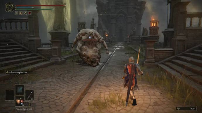 A warrior approaches a Godskin Noble in Elden Ring.