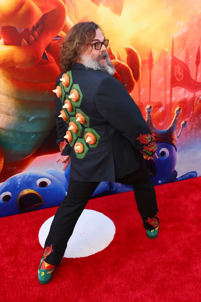 Jack Black at The Super Mario Bros. Movie premier in a Bowser inspired suit