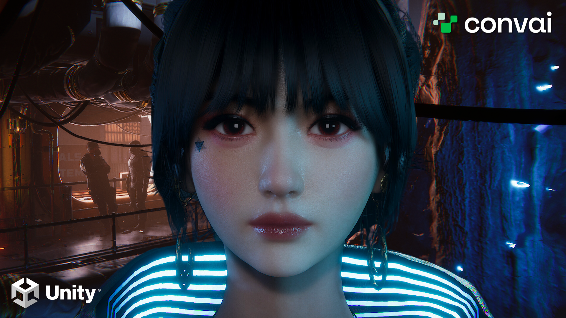 A close-up of Seraph from Unity and Convai&rsquo;s demo Project Neural Nexus