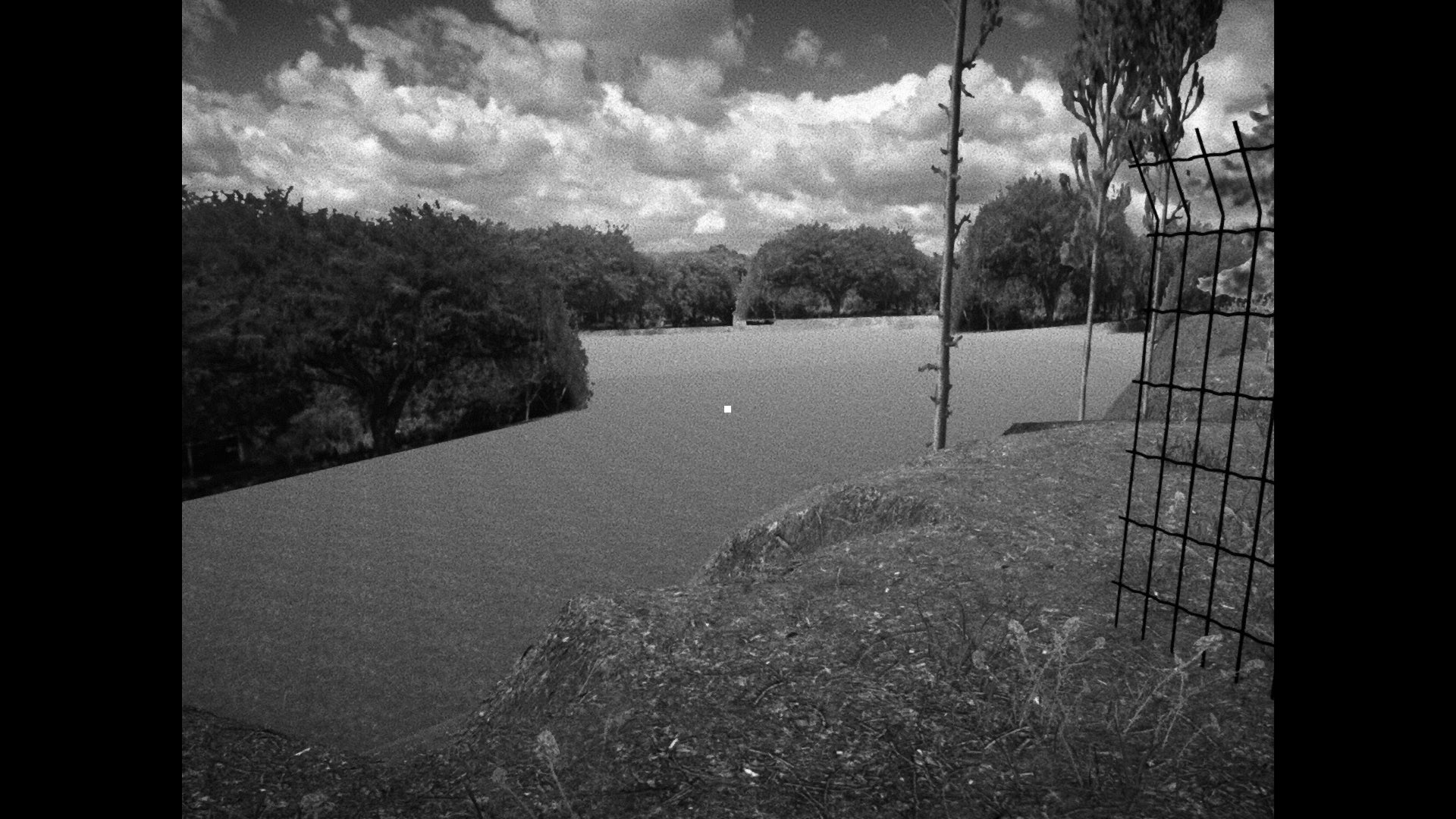 An off-map image from Horses, showing a fence and grassy soil ending in a dip with images of trees floating in the distance. - 3