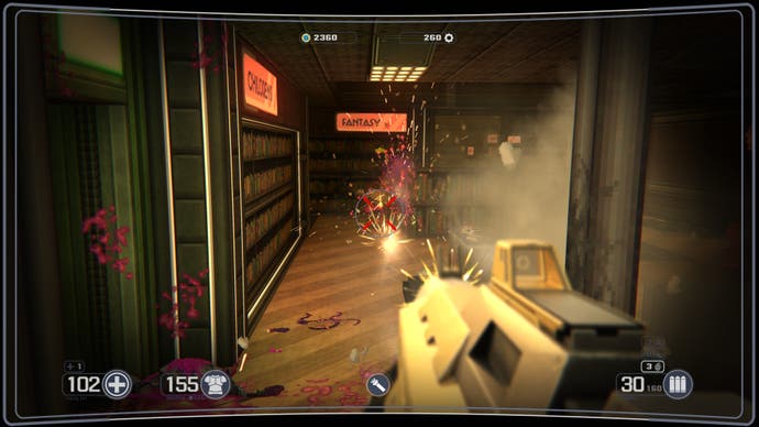 A screenshot of Selaco, showing the player shooting a rifleman in a bookshop.