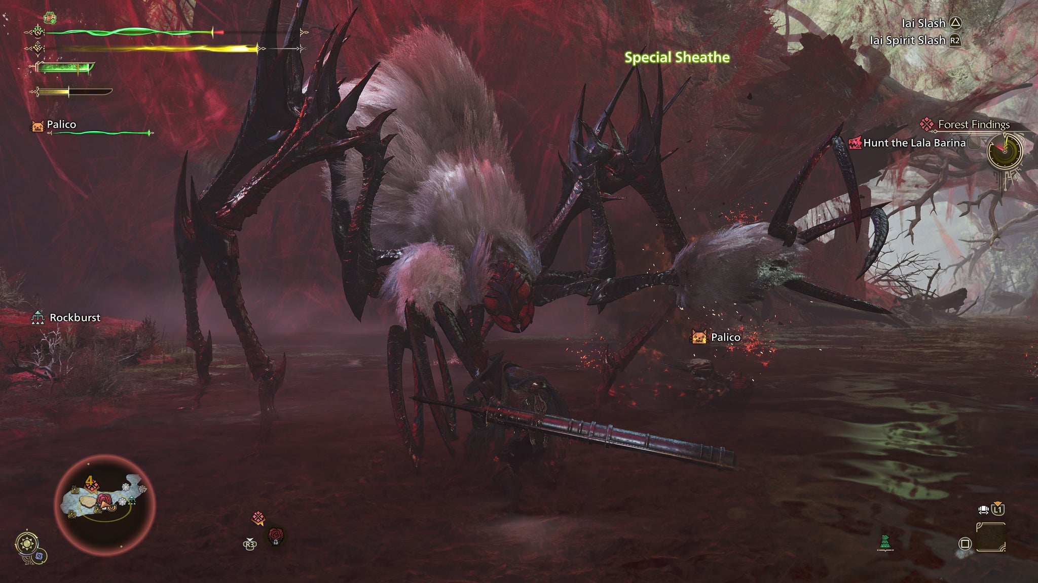 Hunters engage with a Lala Barina in a Monster Hunter Wilds fight, the spider-like beast is coated with white fur and eight menacing legs. - 7