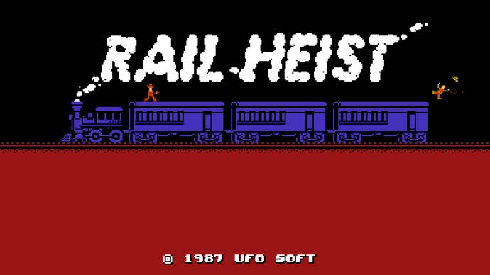 Train smoke spells out the words Rail Heist in this title screen from UFO 50.