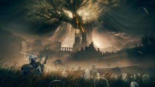 A warrior sits atop a horse-like creature surveying a vast, foggy landscape of grave stones and towering spires, all in the shadow of the Elden Ring DLC's enormous Erdtree.