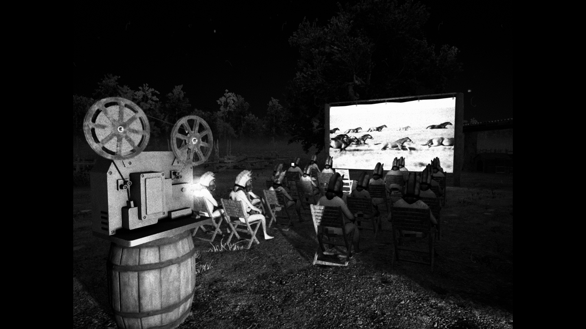 A group of naked human slaves in horse masks sitting in chairs watching a film projection of some actual running horses, from the black and white horror game Horses.