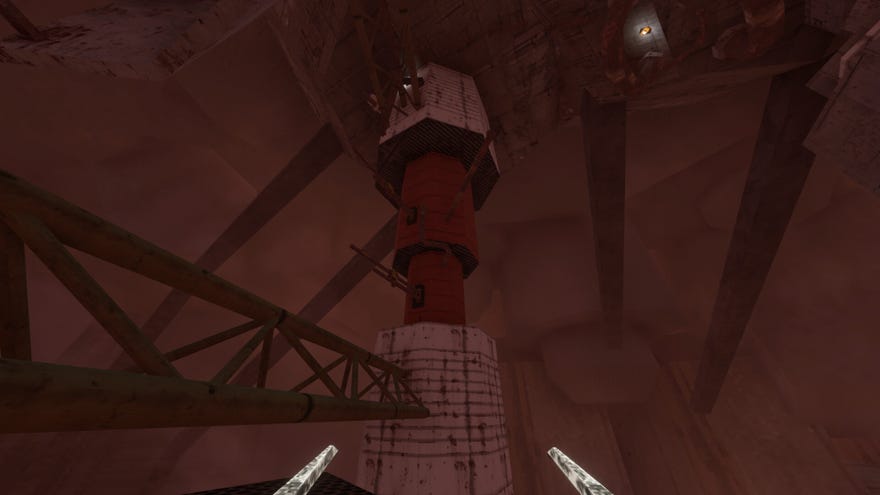 An underground tower with girders in Lorn’s Lure, seen through a pinkish gloom