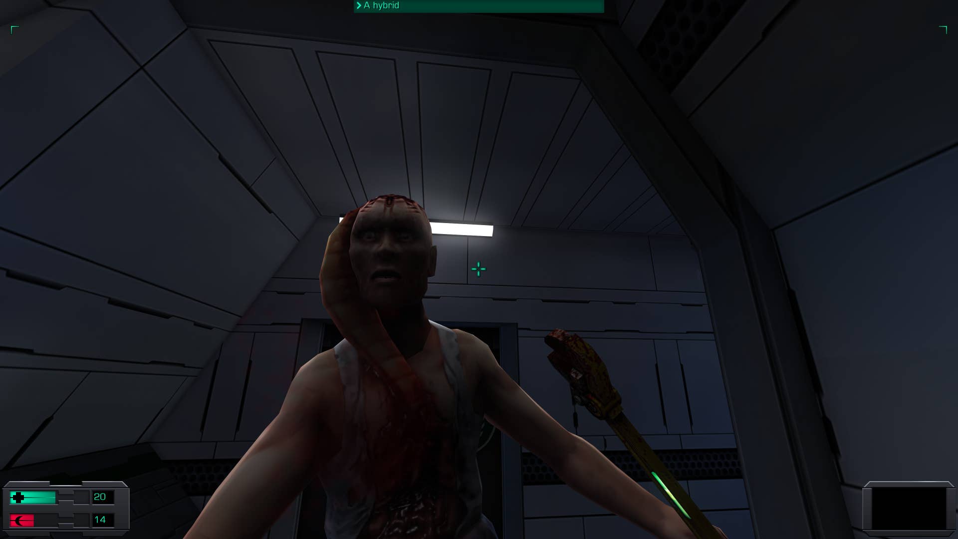 6. A screenshot of System Shock 2: 25th anniversary remaster, showing a close up of a hybrid's upper body and face.