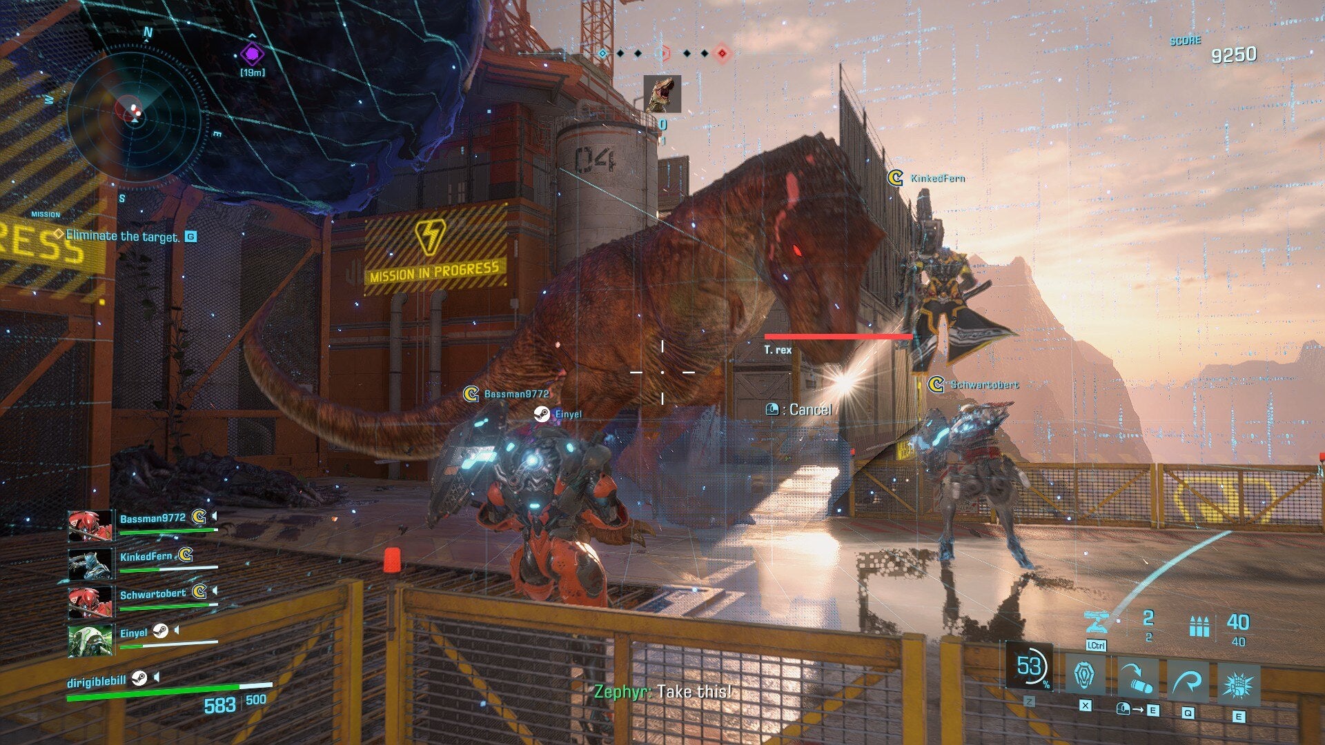 A fight with a T-Rex in Exoprimal.