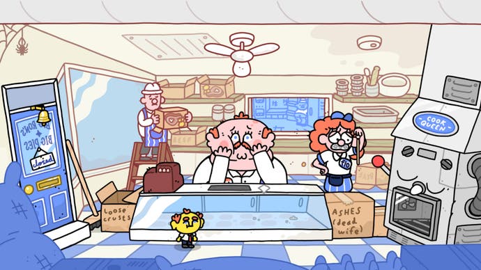 Thank Goodness You're Here! screenshot showing you in a pie shop as the owner looks worried