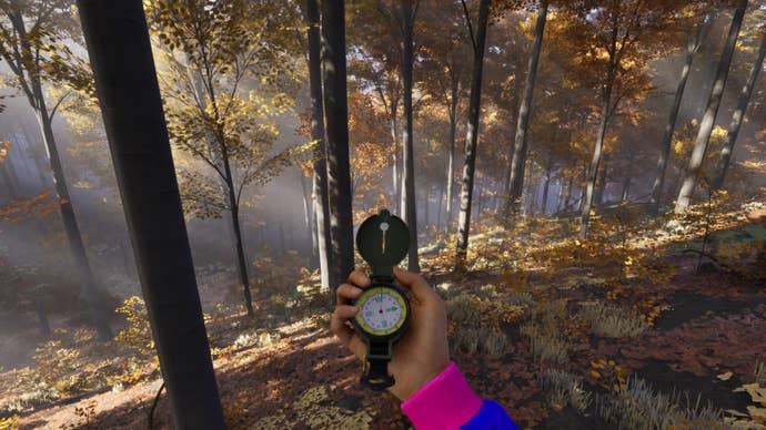 Light through tree trunks in Prologue: Go Wayback. In the foreground, the player character is holding out a compass.