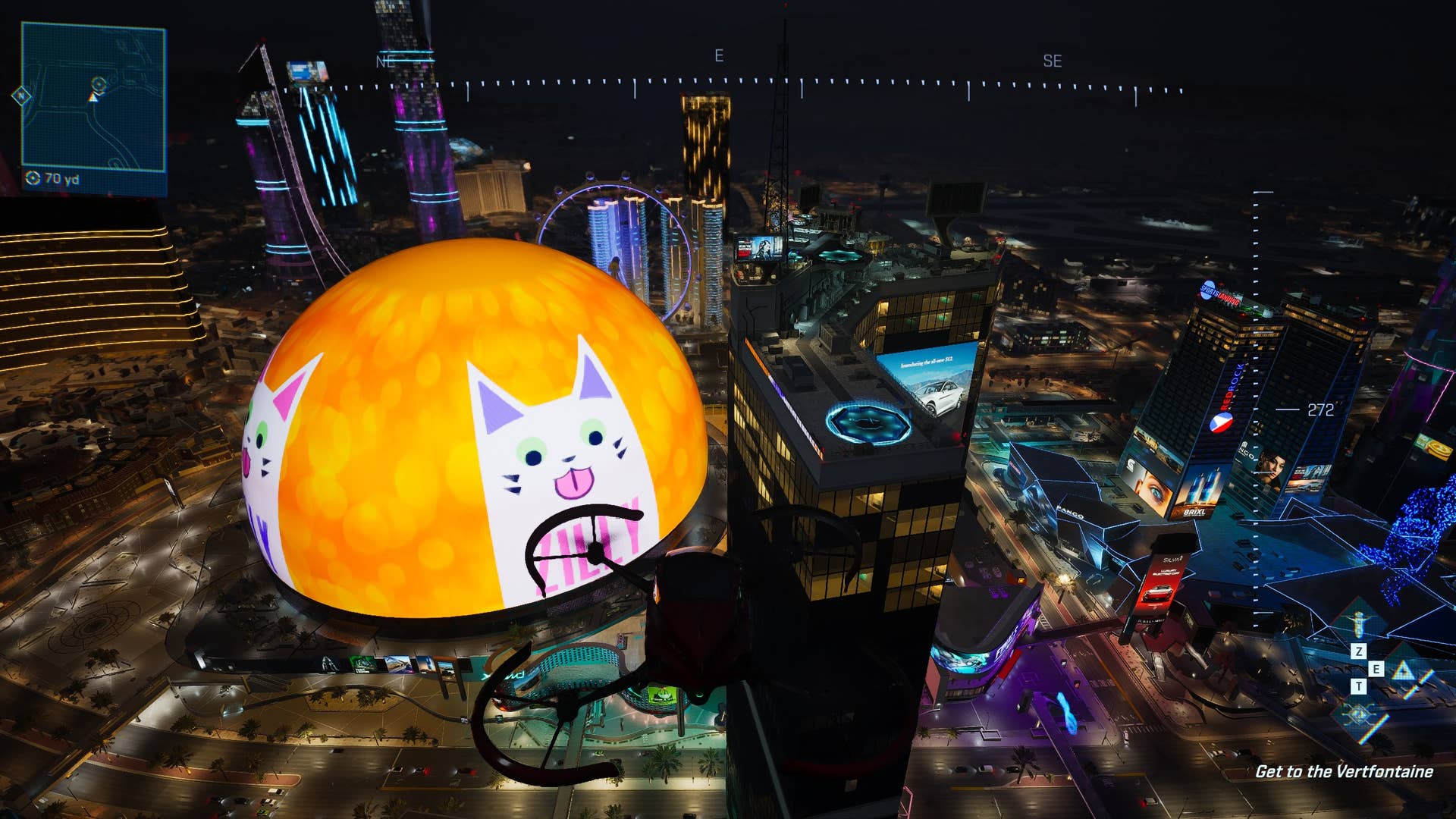 A screenshot of MindsEye, showing the player looking down at Redrock's advertisement sphere while piloting a combat drone. The sphere shows a white cartoon cat on an orange background.