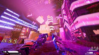 A screenshot of Turbo Overkill, showing the brightly lit entrance to the Los Haven Casino.