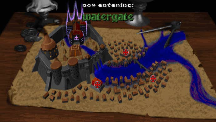A screenshot of Heretic: Faith Renewed, showing the overworld map, which depicts a vast chapel surrounded by a thick wall, with smaller buildings on the outskirts bisected by a river.