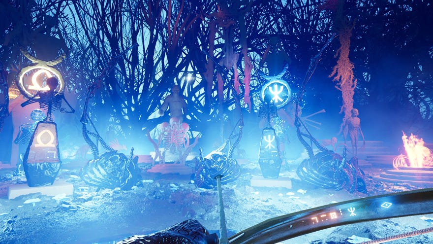 A glowing blue campfire scene in The Axis Unseen, with the player’s bow visible at the bottom