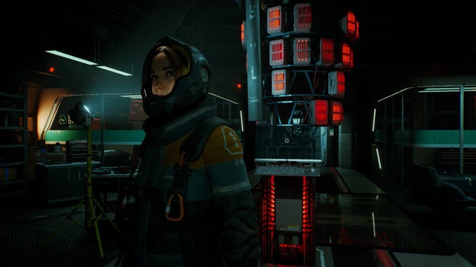 Player character Jess standing with her back to a huge rotating column of red-lit computer systems in space sim Fort Solis.