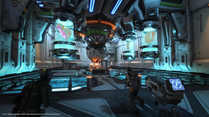 A group of players running through a scifi facility with glowing columns and ceiling fixtures in SpaceCraft