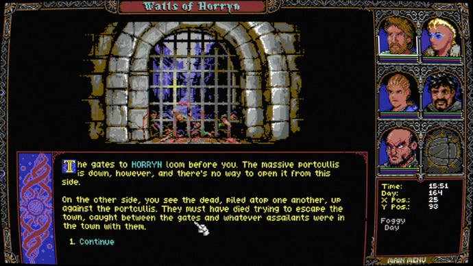 A screenshot of Skald: Against the Black Priory, showing corpses piled against the portcullis gate of the town of Horryn.